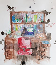 Watercolour painting of a cluttered desk with splotches, created by Eryn Lidster.