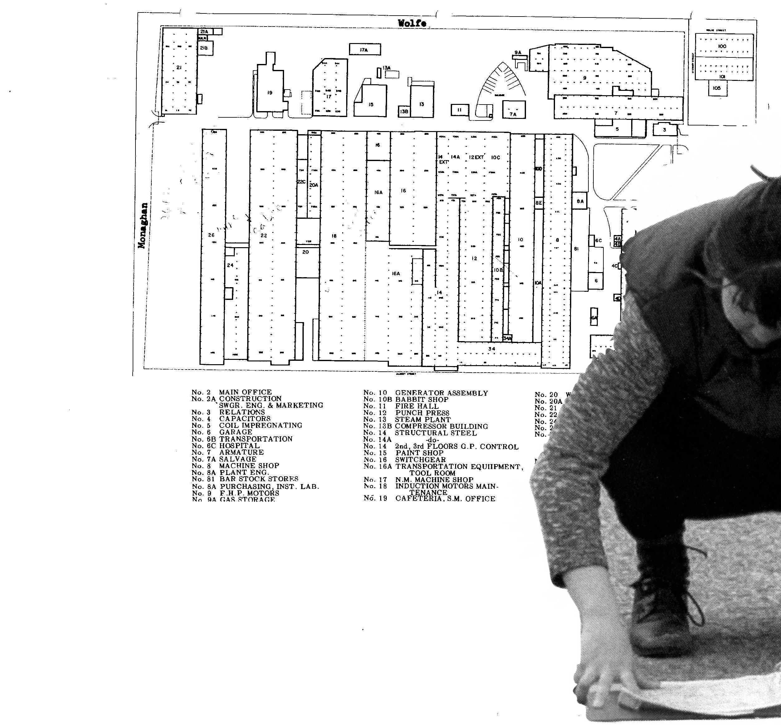 Scanned image of Anne White crouched placed in front of a floor plan.